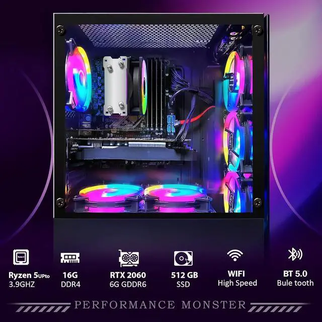 Alt view image 3 of 7 - STGAubron Gaming Desktop PC, AMD Ryzen 5 PRO 2600 up to 3.9G, 16G DDR4, 512G SSD, GeForce RTX 2060 6G GDDR6, 600M WiFi, BT 5.0, RGB Fan x 6, RGB Keyboard & Mouse & Mouse Pad, W11H64