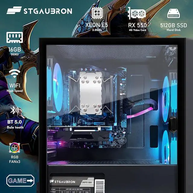 Alt view image 3 of 7 - STGAubron Gaming Desktop PC, Intel Xeon E5 3.0G, 16G DDR3, 512G SSD, Radeon RX 550 4G GDDR5, 600M WiFi, BT 5.0, RGB Fan x 3, RGB Keyboard & Mouse & Mouse Pad, W10H64