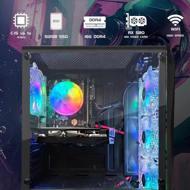 Alt view image 4 of 7 - STGAubron Gaming Desktop PC, Radeon RX 580 16G GDDR5, Intel Core i5-9400F up to 4.1GHz, 16G DDR4 Memory, 512G SSD, 600M WiFi, BT 5.0, RGB Fan x 4, RGB Keyboard & Mouse & Mouse Pad, W11H64