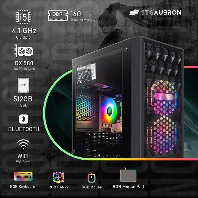Alt view image 5 of 7 - STGAubron Gaming Desktop PC, Radeon RX 580 8G GDDR5, Intel Core i5-9400F up to 4.1GHz, 16G DDR4 Memory, 512G SSD, 600M WiFi, BT 5.0, RGB Fan x 2, RGB Keyboard & Mouse & Mouse Pad, W11H64