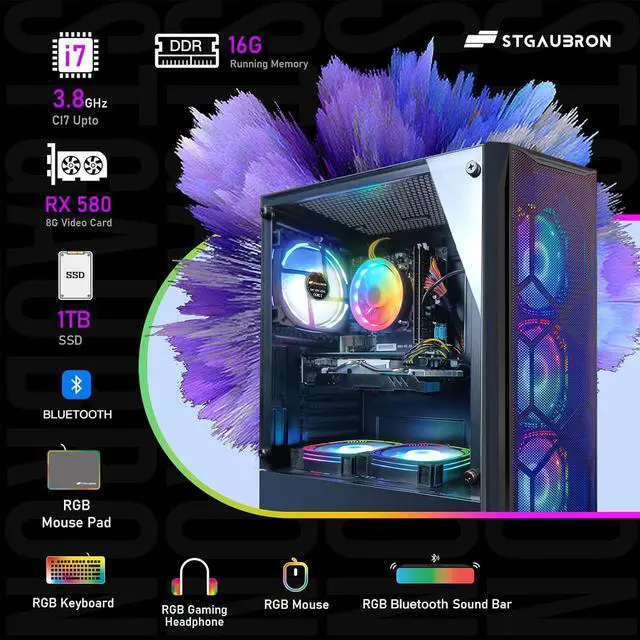 Alt view image 5 of 7 - STGAubron Gaming PC Diamond Black,Intel Core i7 up to 3.8G,16G,1TB SSD,WiFi,BT 5.0,Radeon RX580 8G,RGB Fan x 6,RGB Keybaord&Mouse&Mouse Pad,RGB Bluetooth Sound Bar,RGB Bluetooth Gaming Mic,W10H64