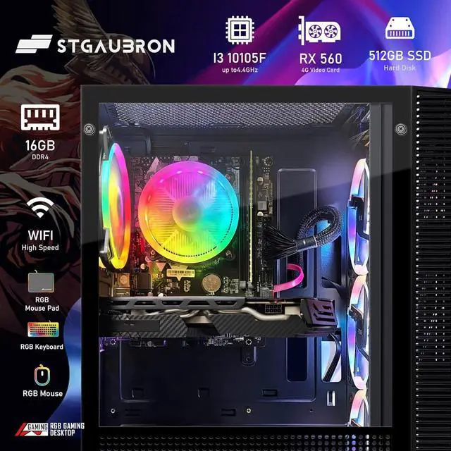 Alt view image 3 of 6 - STGAubron Gaming Desktp PC, Radeon RX 560, Intel Core I3-10105F 3.7 up to 4.4G, 16G DDR4, 512G SSD, 600M WiFi, BT 5.0, RGB Fan x 4, RGB Keyboard & Mouse & Mouse Pad, W11H64