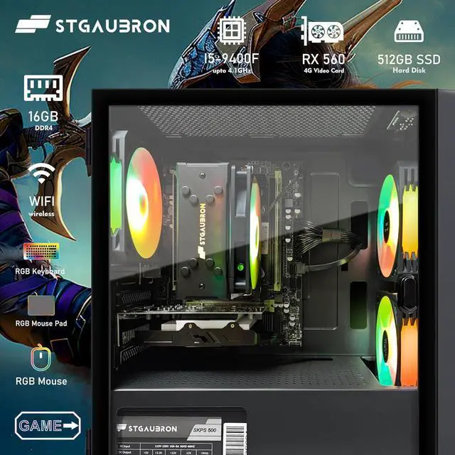 Alt view image 3 of 7 - STGAubron Gaming Desktop PC, Radeon RX 560, Intel Core I5-9400F up to 4.3G, 16G DDR4, 512G SSD, 600M WiFi, BT 5.0, RGB Fan x 3, RGB Keyboard & Mouse & Mouse Pad, W11H64