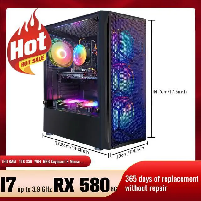 Alt view image 3 of 5 - STGAubron Gaming Desktop PC, Intel Core i7 3.4G up to 3.9G, 16G DDR3, 1T SSD, Radeon RX 580 8G GDDR5,600M WiFi,BT 5.0,RGB Fan x 6,RGB Keyboard&Mouse&Mouse Pad,RGB BT Sound Bar,RGB BT Gaming Mic,W10H64
