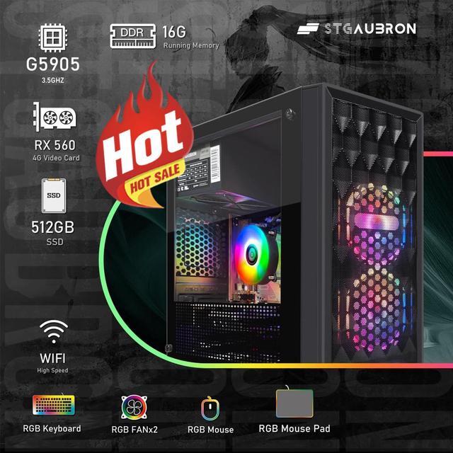 Main image of STGAubron Gaming Desktop PC, Radeon RX 560 4G GDDR5, Intel 10th Gen G5905 3.5G, 16G DDR4, 512G SSD, 600M WiFi, BT 5.0, RGB Fan x 2, RGB Keyboard & Mouse & Mouse Pad, W11H64