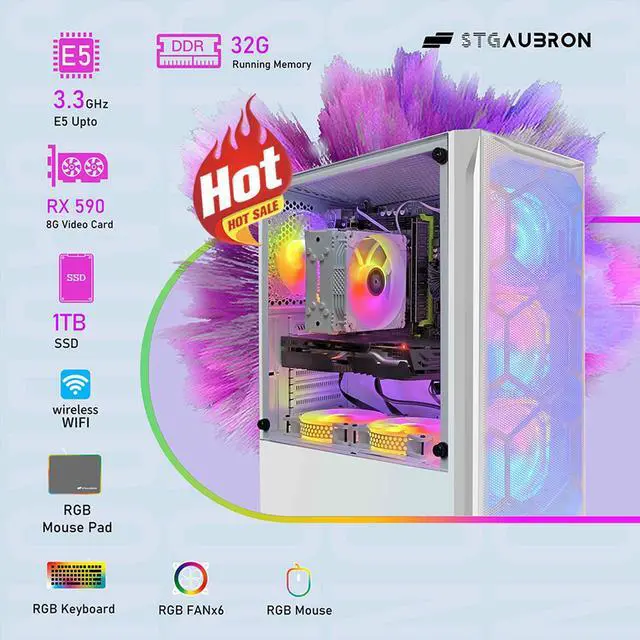 Alt view image 2 of 5 - STGAubron Gaming Desktop PC, Intel Xeon E5 2.5G up to 3.3G, 32G DDR3, 1T SSD, Radeon RX 590 8G GDDR5, 600M WiFi, BT 5.0, RGB Fan x 6, RGB Keyboard & Mouse & Mouse Pad, W10H64