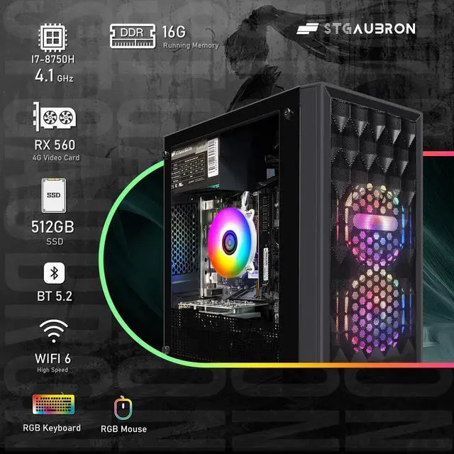 Main image of STGAubron Gaming PC Computer Desktop, Radeon RX 560 4G, Intel Core I7 8th up to 4.1GHz, 16G DDR4, 512G SSD, 600M WiFi, BT 5.0, RGB Fan x2, Windows 11 Home