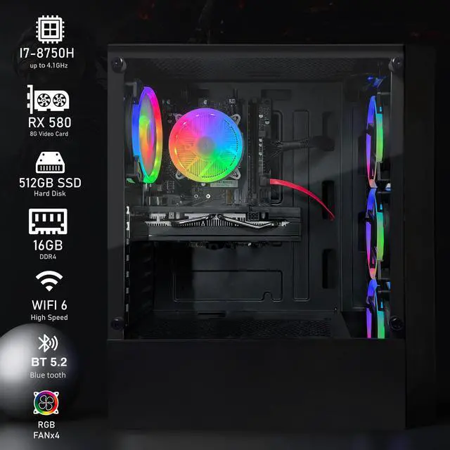 Alt view image 2 of 5 - STGAubron Gaming PC Computer Desktop, Radeon RX 580 8G, Intel Core I7 8th up to 4.1GHz, 16G DDR4, 512G SSD, WiFi 6 , BT 5.2, RGB Fan x4, Windows 11 Home