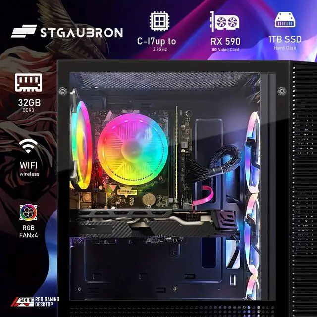 Alt view image 2 of 6 - STGAubron Gaming Desktop PC, Intel Core i7 3.4G up to 3.9G, 32G RAM, 1T SSD, Radeon RX 590 8G GDDR5, 600M WiFi, BT 5.0, RGB Fan x 6, RGB Keyboard & Mouse & Mouse Pad, W10H64
