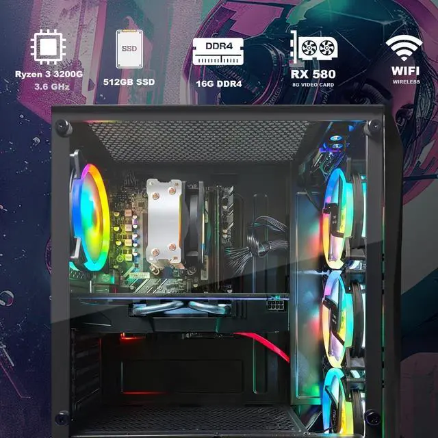 Alt view image 2 of 5 - STGAubron Gaming PC Desktop Computer, AMD Ryzen 3 3200G 3.6 GHz, Radeon RX 580 8G GDDR5, 16G RAM, 512G SSD, 600M WiFi, BT 5.0, RGB Fan x 4, Windows 11 Home