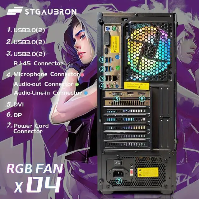 Alt view image 5 of 5 - STGAubron Gaming PC Desktop Computer, AMD Ryzen 3 3200G 3.6 GHz, Radeon RX 580 8G GDDR5, 16G RAM, 512G SSD, 600M WiFi, BT 5.0, RGB Fan x 4, Windows 11 Home