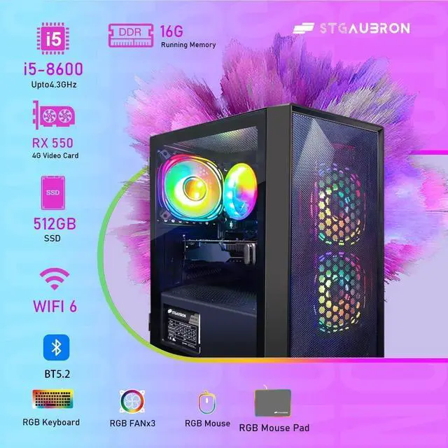 Alt view image 2 of 5 - STGAubron Gaming PC Computer Desktop, Intel Core i5-8600 up to 4.3G, AMD Radeon RX 550 4G,16GB DDR4 RAM, 512GB SSD, WiFi 6 5G Supported, BT 5.2, RGB Fan x3, Windows 11 Home
