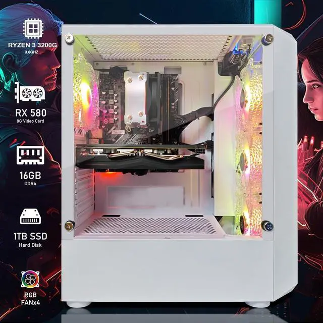 Alt view image 2 of 6 - STGAubron Gaming PC Desktop Computer, AMD Ryzen 3 3200G 3.6 GHz, AMD Radeon RX 580 8G GDDR5, 16GB DDR4 RAM, 1TB SSD, 600M WiFi, BT 5.0, RGB Fan x 4, Windows 11 Home