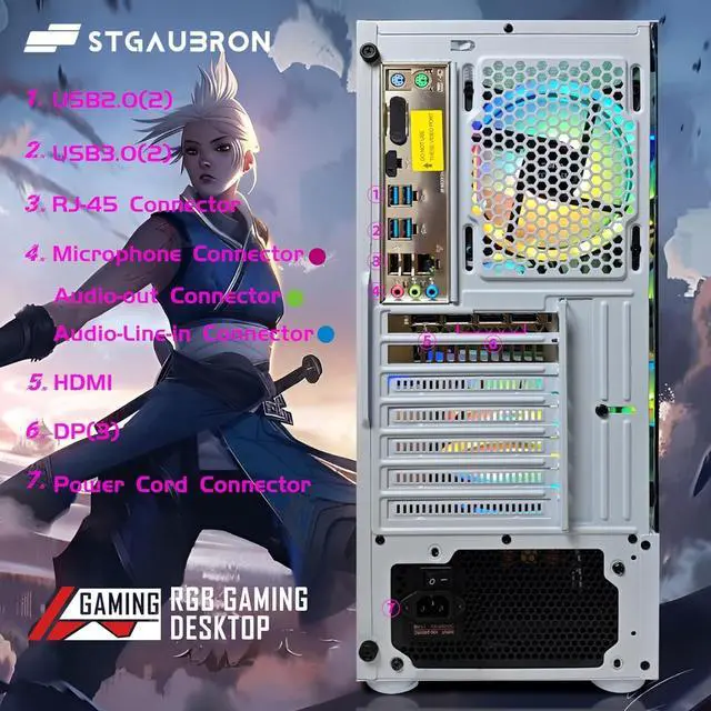 Alt view image 6 of 6 - STGAubron Gaming PC Desktop Computer, AMD Ryzen 3 3200G 3.6 GHz, AMD Radeon RX 580 8G GDDR5, 16GB DDR4 RAM, 1TB SSD, 600M WiFi, BT 5.0, RGB Fan x 4, Windows 11 Home