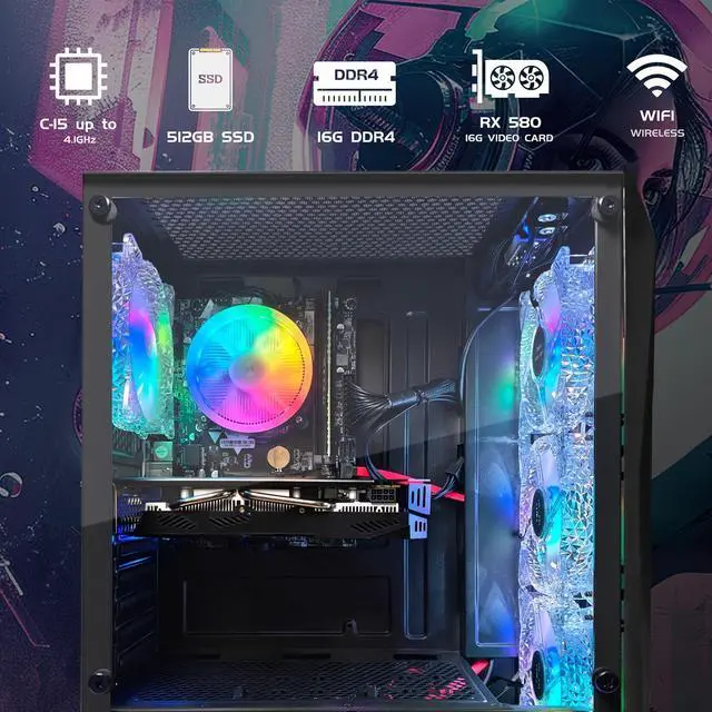 Alt view image 2 of 5 - STGAubron Gaming PC Desktop Computer, Intel Core i5-9400F up to 4.1GHz, AMD Radeon RX 580 16G, 16GB DDR4 RAM, 512GB SSD, 600M WiFi, BT 5.0, RGB Fan x4, Windows 11 Home