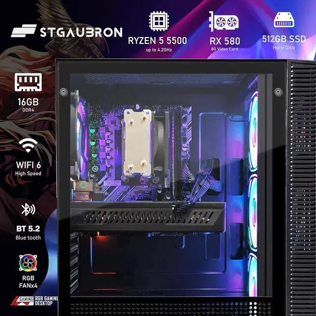 Alt view image 2 of 5 - STGAubron Gaming PC Computer Desktop,AMD Ryzen 5 5500 up to 4.2GHz, AMD Radeon RX 580 8G, 16GB DDR4 RAM, 512GB SSD, WiFi 6 5G & BT 5.2, RGB Fan x4, Windows 11 Home