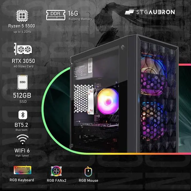 Alt view image 2 of 5 - STGAubron Gaming PC Computer Desktop, AMD Ryzen 5 5500 up to 4.2GHz, GeForce RTX 3050 6G, 16GB DDR4 RAM, 512GB SSD, WiFi 6 5G Supported & BT 5.2, RGB Fan x2, Windows 11 Home