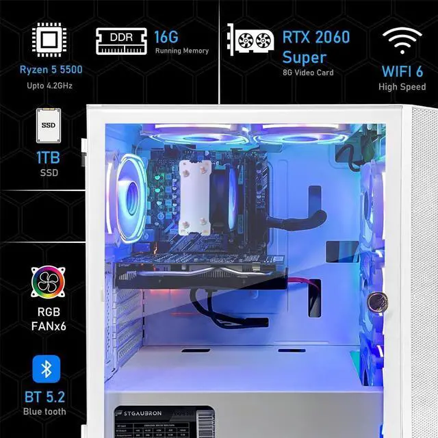 Main image of STGAubron Gaming PC Computer Desktop, AMD Ryzen 5 5500 up to 4.2GHz, GeForce RTX 2060 Super 8G,16GB DDR4 RAM, 1TB SSD, WiFi 6 5G Supported & BT 5.2, RGB Fan x6, Windows 11 Home