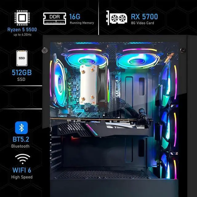 Alt view image 2 of 5 - STGAubron Gaming PC Computer Desktop, AMD Ryzen 5 5500 up to 4.2GHz, Radeon RX 5700 8G, 16G DDR4, 512G SSD, WiFi 6 5G Supported & BT 5.2, RGB Fan x6, Windows 11 Home