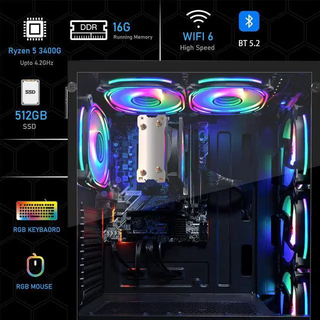 Alt view image 2 of 5 - STGAubron RGB Desktop PC Computer, AMD Ryzen 5 3400G up to 4.2GHz, 16G DDR4, 512G SSD, WiFi 6 & BT 5.2, RGB Fan x6, RGB Keyboard & Mouse, Windows 11 Home