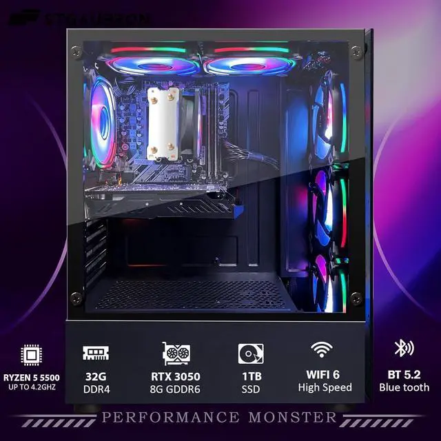 Alt view image 3 of 5 - STGAubron Gaming PC Computer Desktop, AMD Ryzen 5 5500 up to 4.2GHz, GeForce RTX 3050 6G graphics, 32G DDR4 RAM, 1TB SSD, WiFi 6 5G & BT 5.2, RGB Fan x6, Windows 11 Home