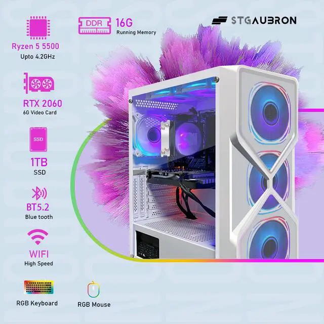 Alt view image 2 of 5 - STGAubron Gaming PC Computer Desktop,AMD Ryzen 5 5500 up to 4.2GHz, GeForce RTX 2060 6G Graphics,16G DDR4 RAM, 1TB SSD, WiFi 6 5G & BT 5.2, RGB Fan x6, Windows 11 Home
