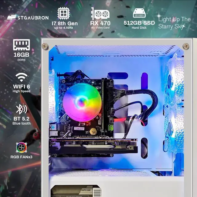 Alt view image 2 of 5 - STGAubron Gaming PC Computer Desktop, Intel Core i7 8th Gen up to 4.1G, Radeon RX 470 8G Graphics, 16G DDR4 RAM, 512G SSD, WiFi 6, BT 5.2, RGB Fan x3, Windows 11 Home