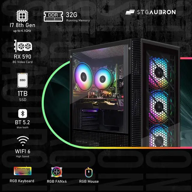 Alt view image 2 of 5 - STGAubron Gaming PC Computer Desktop, Intel Core i7 8th Gen up to 4.1Ghz, Radeon RX 590 8G Graphics, 32G DDR4 RAM, 1TB SSD, WiFi 6, BT 5.2, RGB Fan x4, Windows 11 Home