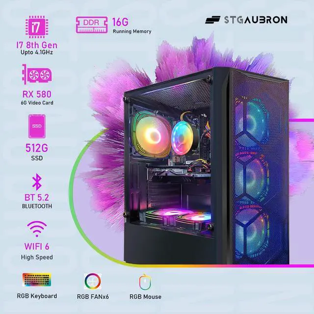 Alt view image 2 of 5 - STGAubron Gaming PC Computer Desktop, Intel Core i7 8th Gen up to 4.1G, Radeon RX 580 8G, 16G DDR4, 512G SSD, WiFi 6, BT 5.2, RGB Fan x6, Windows 11 Home