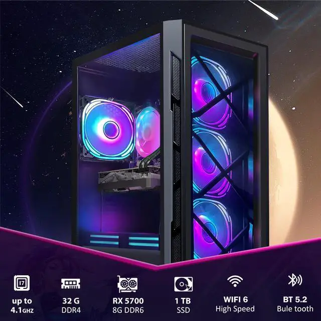 Alt view image 2 of 5 - STGAubron Gaming PC Computer Desktop, Intel Core i7 8th Gen up to 4.1G, Radeon RX 5700 8G, 32G DDR4, 1T SSD, WiFi 6, BT 5.2, RGB Fan x6, Windows 11 Home