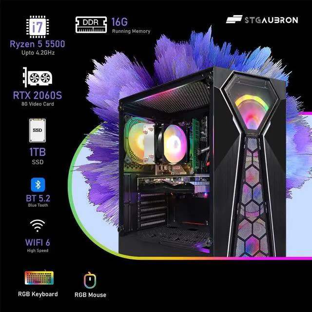 Alt view image 2 of 5 - STGAubron Gaming PC Computer Desktop, AMD Ryzen 5 5500 up to 4.2G, GeForce RTX 2060 Super 8G, 16G DDR4, 1T SSD, WiFi 6, BT 5.2, RGB Fan x4, Windows 11 Home