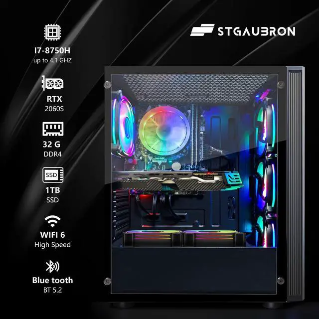 Alt view image 2 of 5 - STGAubron Gaming PC Desktop, 8th Gen Intel Core i7 up to 4.1G, GeForce RTX 3050 6G, 32GB DDR4, 1T SSD, WiFi 6 & BT 5.2, RGB Fan x6, Windows 11 Home