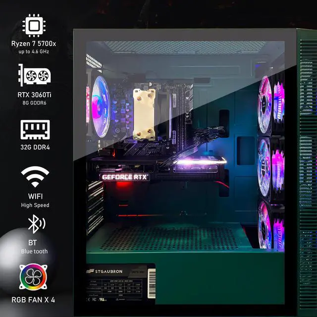 Alt view image 2 of 5 - STGAubron Gaming PC Desktop, GeForce RTX 3060 Ti 8G Graphics, AMD Ryzen 7 5700X up to 4.6Ghz, 32G DDR4 RAM, 1TB SSD, 600M WiFi, BT 5.0, RGB Fan x 4, Windows 11 Home