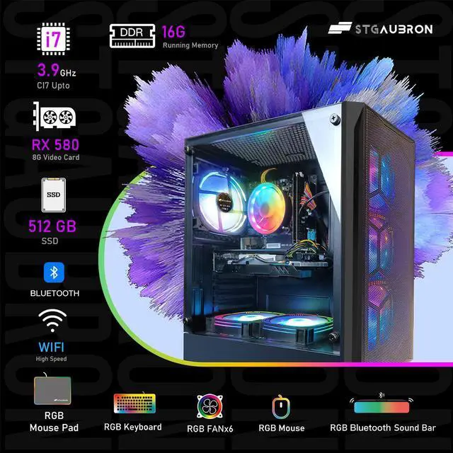 Alt view image 2 of 6 - STGAubron Gaming PC Desktop Computer, Intel Core i7 up to 3.9 GHz, Radeon RX 580 8G Graphics, 16G RAM, 512G SSD, WiFi, Bluetooth 5.0, RGB Fan x6, Windows 11 Home