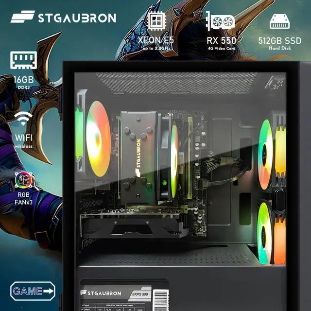 Alt view image 2 of 7 - STGAubron Gaming PC Computer Desktop, Intel i7 Xeon E5, Radeon RX 550 4G Graphics, 16GB DDR4 RAM, 512GB SSD, WiFi, BT 5.0, RGB Fan x3, Windows 11 Home, Gaming Computer Tower for Gamer,Streaming