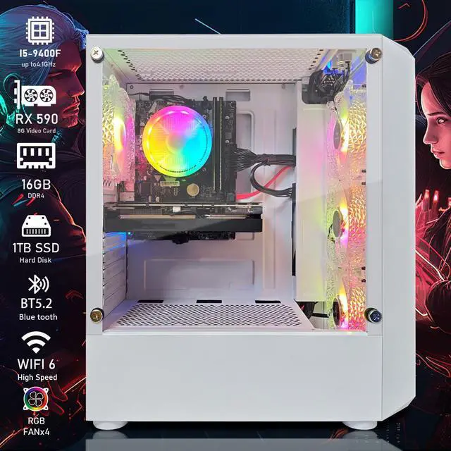 Alt view image 2 of 6 - STGAubron Gaming PC Computer Desktop, Intel Core i5-9400F up to 4.3Ghz, Radeon RX 590 8G Graphics, 16G DDR4 RAM, 1TB SSD, WiFi 6, BT 5.2, RGB Fan x6, Windows 11 Home