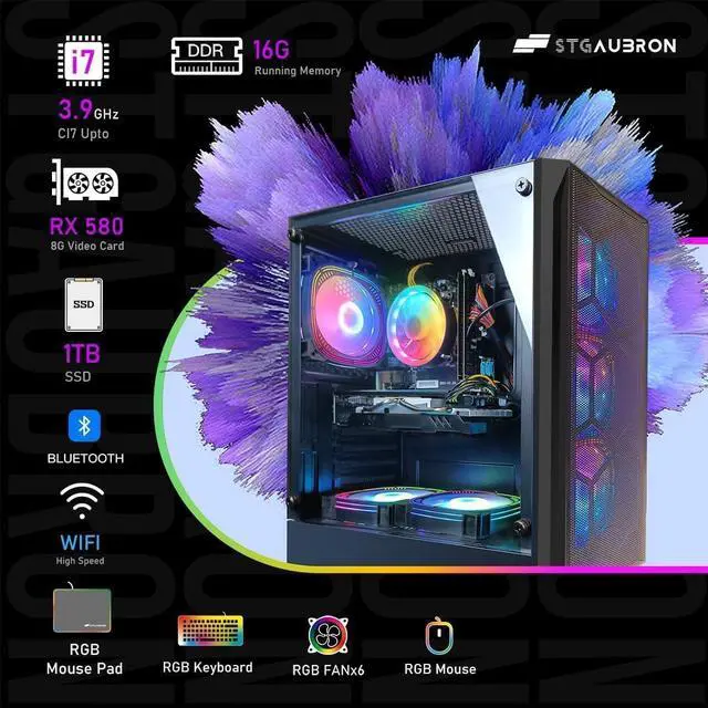 Alt view image 2 of 5 - STGAubron Gaming PC Desktop, Intel Core i7 up to 3.9Ghz, Radeon RX 580 8G Graphics, 16G RAM, 1T SSD, WiFi, BT 5.0, RGB Fan x6, RGB BT Sound bar & Headphone, Windows 11 Home