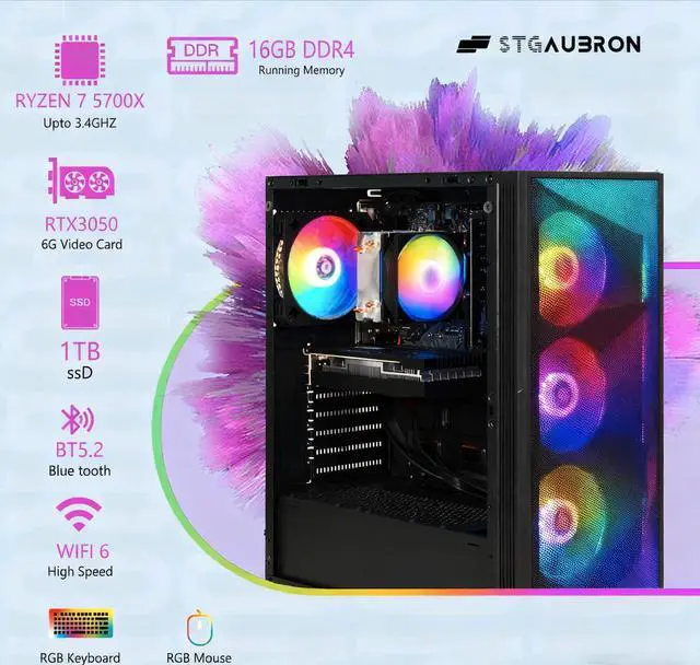 Alt view image 2 of 5 - STGAubron Gaming PC Desktop Computer, AMD Ryzen 7 5700X up to 4.6Ghz, GeForce RTX 3050 6G Graphics, 16GB DDR4 RAM, 1TB SSD, WiFi 6 & BT 5.2, RGB Fan x4, Windows 11 Home