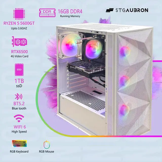 Alt view image 2 of 5 - STGAubron Gaming PC Desktop Computer, AMD Ryzen 5 5600GT up to 4.6Ghz, AMD Radeon RX 6500 4G Graphics, 16G DDR4 RAM, 1T SSD, WiFi 6 & BT 5.2, RGB Fan x4, Windows 11 Home,White