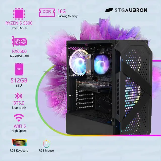 Alt view image 2 of 5 - STGAubron Gaming PC Desktop Computer, AMD Ryzen 5 5500 up to 4.2Ghz, AMD Radeon RX 6500 4G Graphics, 16GB DDR4 RAM, 512GB SSD, WiFi 6, BT 5.2, RGB Fan x4, Windows 11 Home