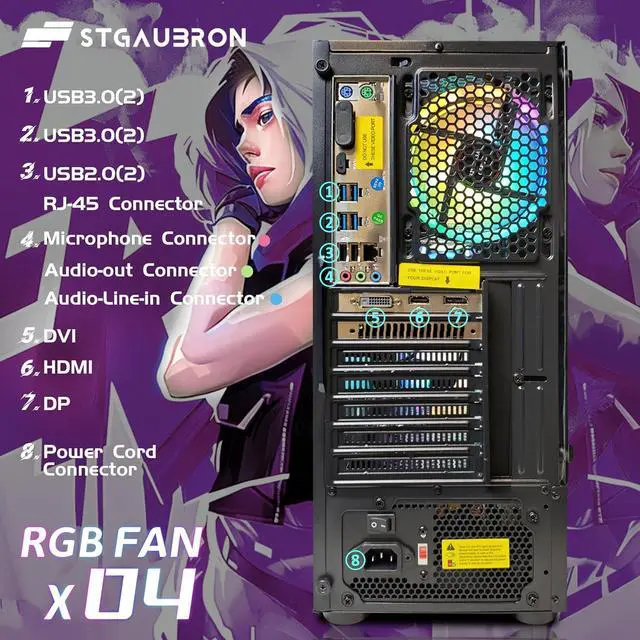Alt view image 4 of 6 - STGAubron Gaming Desktop PC, Radeon RX 580 8G GDDR5, AMD Athlon 3000G 3.5G,16G RAM, 512G SSD, 600M WiFi, BT 5.0, RGB Fan x 4, RGB Keyboard & Mouse & Mouse Pad, W11H64