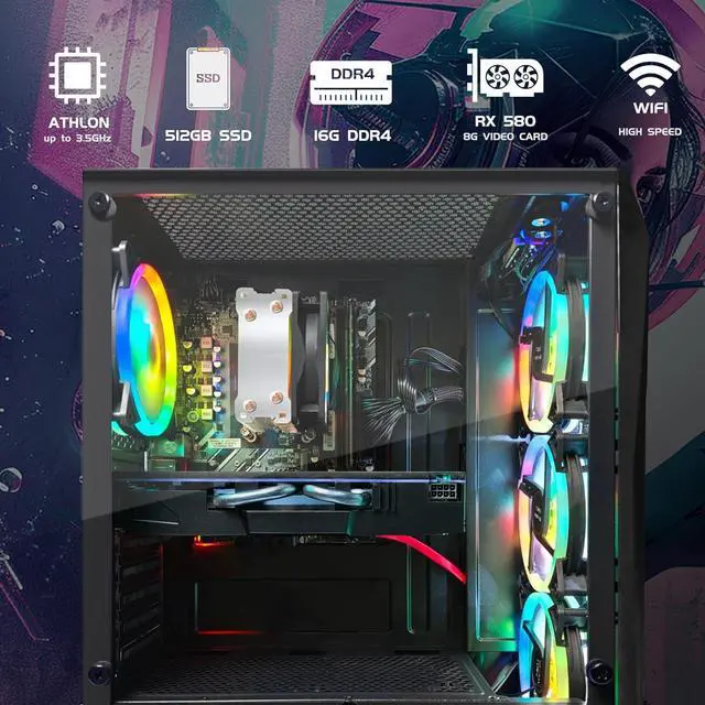 Alt view image 2 of 6 - STGAubron Gaming Desktop PC, Radeon RX 580 8G GDDR5, AMD Athlon 3000G 3.5G,16G RAM, 512G SSD, 600M WiFi, BT 5.0, RGB Fan x 4, RGB Keyboard & Mouse & Mouse Pad, W11H64