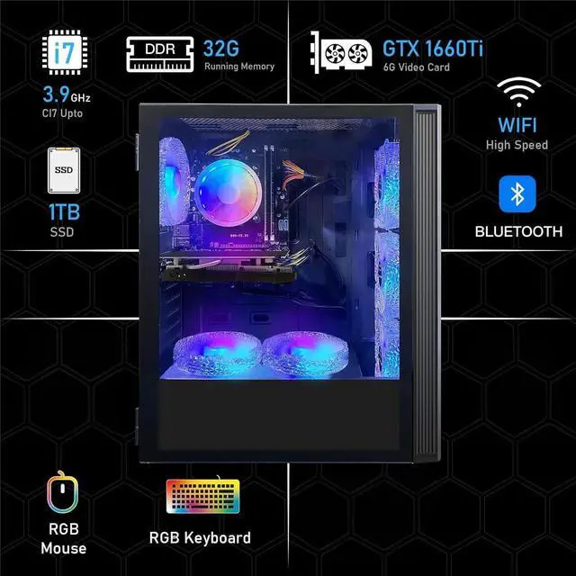 Alt view image 2 of 6 - STGAubron Gaming PC Desktop Computer, Intel Core i7 up to 3.9GHz, GeForce GTX 1660 Ti 6G Graphics, 32GB RAM, 1TB SSD, WiFi, BT 5.0, RGB Fan x6, Windows 11 Home