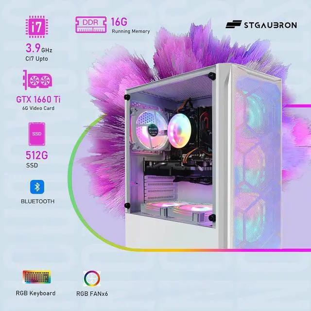 Alt view image 2 of 6 - STGAubron Gaming Diamond Desktop, Intel Core i7 3.4 GHz up to 3.9 GHz, 16G RAM, 512G SSD, WiFi 6, BT 5.0, GTX 1660 Ti 6G GDDR6 Graphics, RGB Fan x 6, RGB Keyboard & Mouse, Windows 11 Home