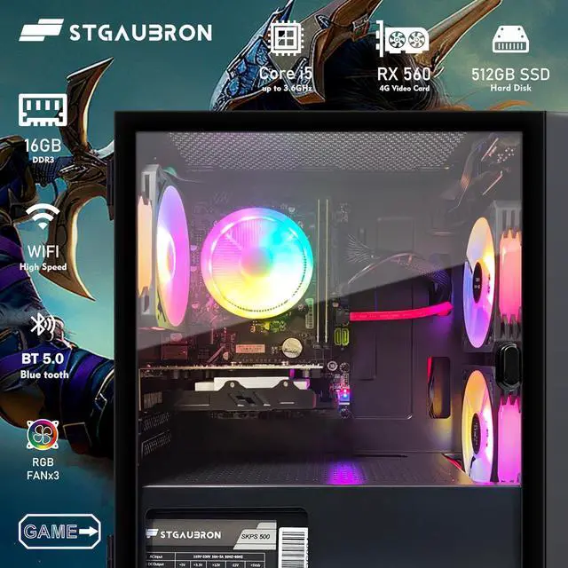 Alt view image 2 of 7 - STGAubron Gaming PC Computer Desktop, AMD Radeon RX 560 4G Graphics, Intel Core i5 up to 3.6Ghz, 16G RAM, 512G SSD, 600M WiFi, BT 5.0, RGB Fan x 3, Windows 11 Home