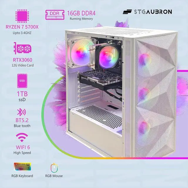 Alt view image 2 of 5 - STGAubron Gaming PC Desktop Computer, AMD Ryzen 7 5700X up to 4.6Ghz, NVIDIA GeForce RTX 3060 12G Graphics, 16GB DDR4 RAM, 1TB SSD, WiFi 6 & BT 5.2, RGB Fan x4, Windows 11 Home, White