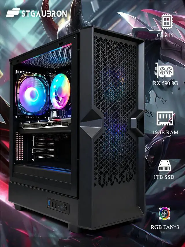 Alt view image 2 of 5 - STGAubron Gaming PC Desktop Computer, Intel Core i5 up to 3.6Ghz, Radeon RX 590 8G Graphics, 16GB RAM, 1TB SSD, USB WiFi 6 & BT 5.0, RGB Fan x3, Windows 11 Home