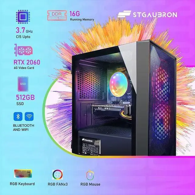 Alt view image 2 of 6 - STGAubron Gaming PC Desktop Computer, Intel Core i5 up to 3.7GHz, GeForce RTX 2060 6G GDDR6 Graphics, 16G RAM, 512G SSD, USB WiFi 6 & Bluetooth 5.0, RGB Fan x2, Windows 11 Home