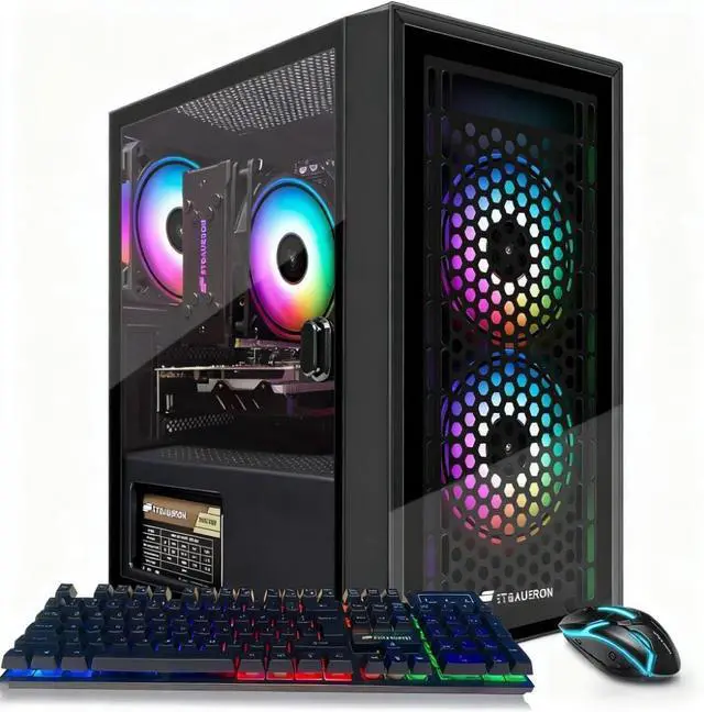 Main image of STGAubron Gaming PC Desktop Computer, Intel i7 Xeon E5 3.0GHz, Radeon RX 550 4G, 16GB RAM, 512GB SSD, WiFi 6, BT 5.0, RGB Fan x3, Windows 11 Home