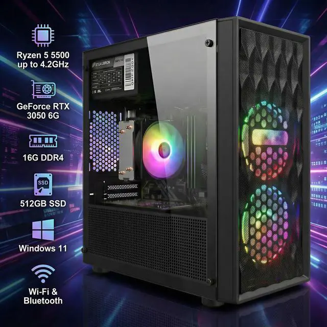 Alt view image 2 of 6 - STGAubron Gaming PC Computer Desktop, AMD Ryzen 5 5500 up to 4.2GHz, GeForce RTX 3050 6G, 16GB DDR4 RAM, 512GB SSD, WiFi 6 5G Supported & BT 5.2, RGB Fan x2, Windows 11 Home